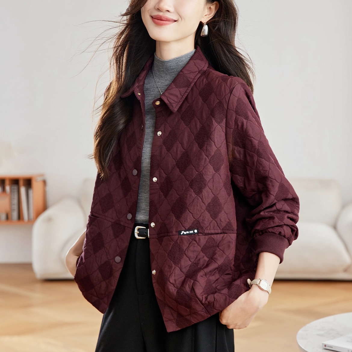 菱格夹棉短款厚外套女初冬上衣