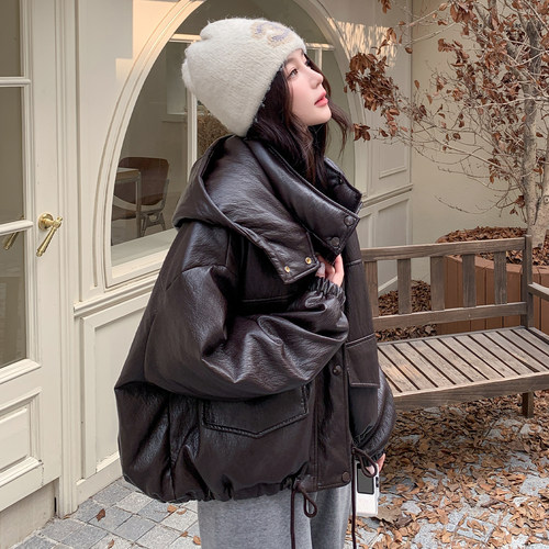 高级感短款PU皮衣加羽绒服女外套