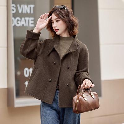 法式不规则立领双面羊绒大衣外套