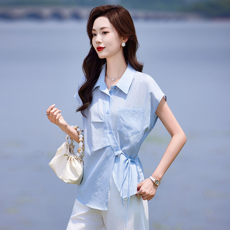 翻领纯色衬衫女宽松系带收腰上衣