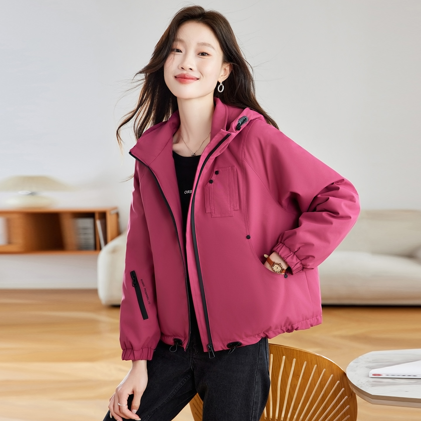 棉服女款冬季工装风夹棉连帽外套