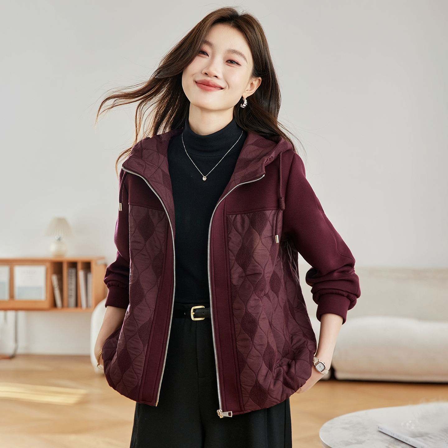 巨好看菱格夹棉厚外套棉衣女冬装