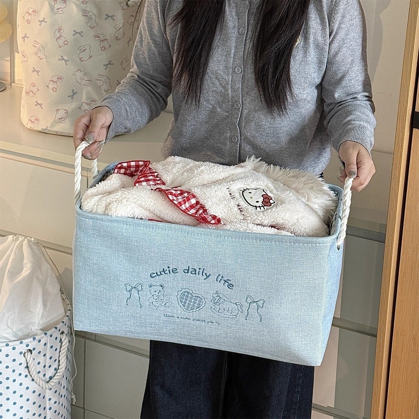 ins风可爱卡通收纳衣柜衣物整理加厚布艺脏衣桶布艺收纳筐脏衣篓