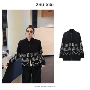 祝喜喜【黑雪织章】冬季气质针织黑色雪花毛衣女开衫外套时尚百搭