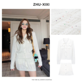 法式 春季 针织亮片镂空长袖 收腰显瘦时尚 祝喜喜 裙套装 假日白序