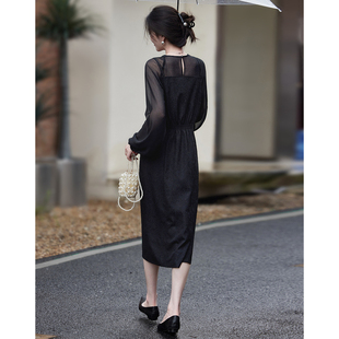 【晚月颂诗】高级网纱拼接黑色连衣裙女2025春季新款收腰茶歇裙