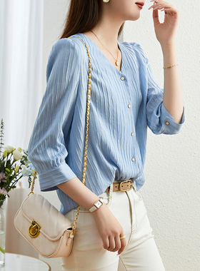 BJV领衬衫女2023春季新款设计感小众法式泡泡袖通勤气质上衣