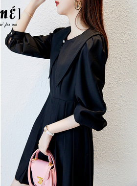BJ黑色连衣裙女春秋新款翻领法式优雅显瘦通勤显瘦小黑裙