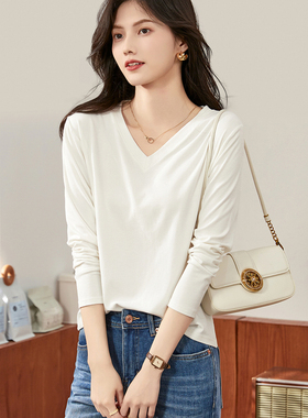 BJ白色长袖t恤女2025春冬新款内搭打底衫V领宽松休闲纯色上衣