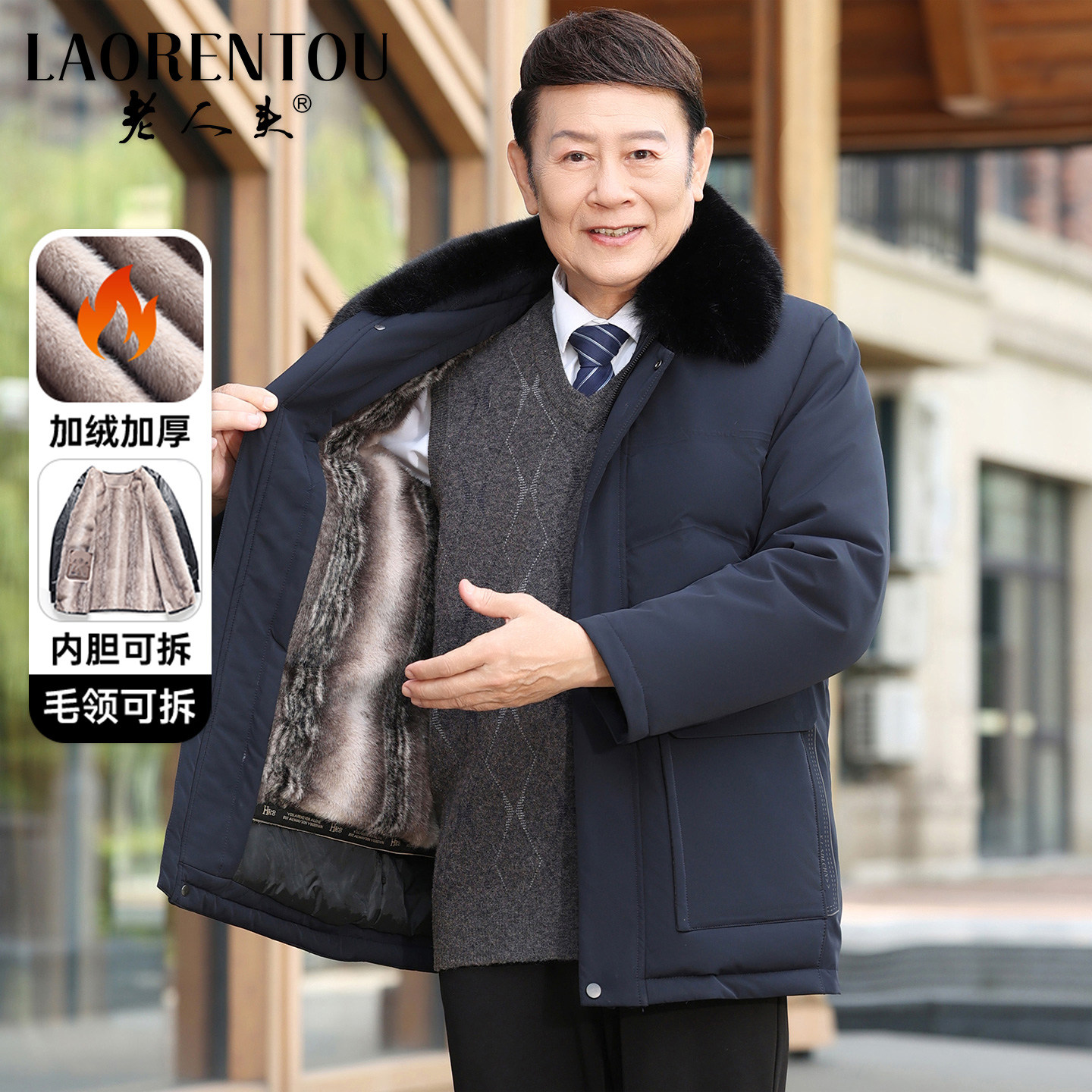 老人头加绒可拆内胆派克棉服男士