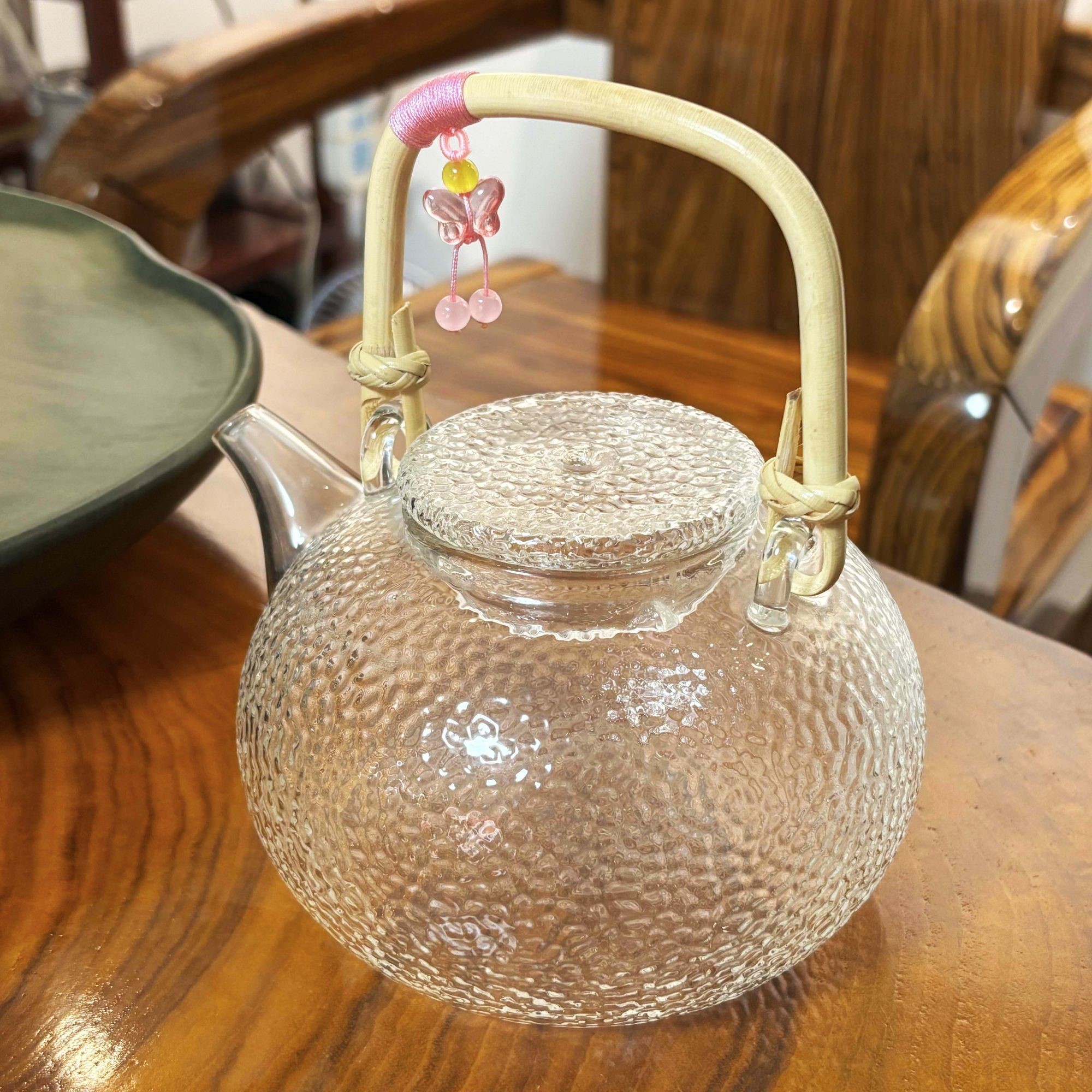 手工编织彩透蝴蝶提梁天然藤条把手创意玻璃陶瓷茶壶提手茶道配件