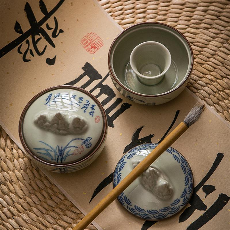 陶瓷火锅砚台手绘砚台墨盒笔山火锅砚莲花江山小鱼江山不干墨