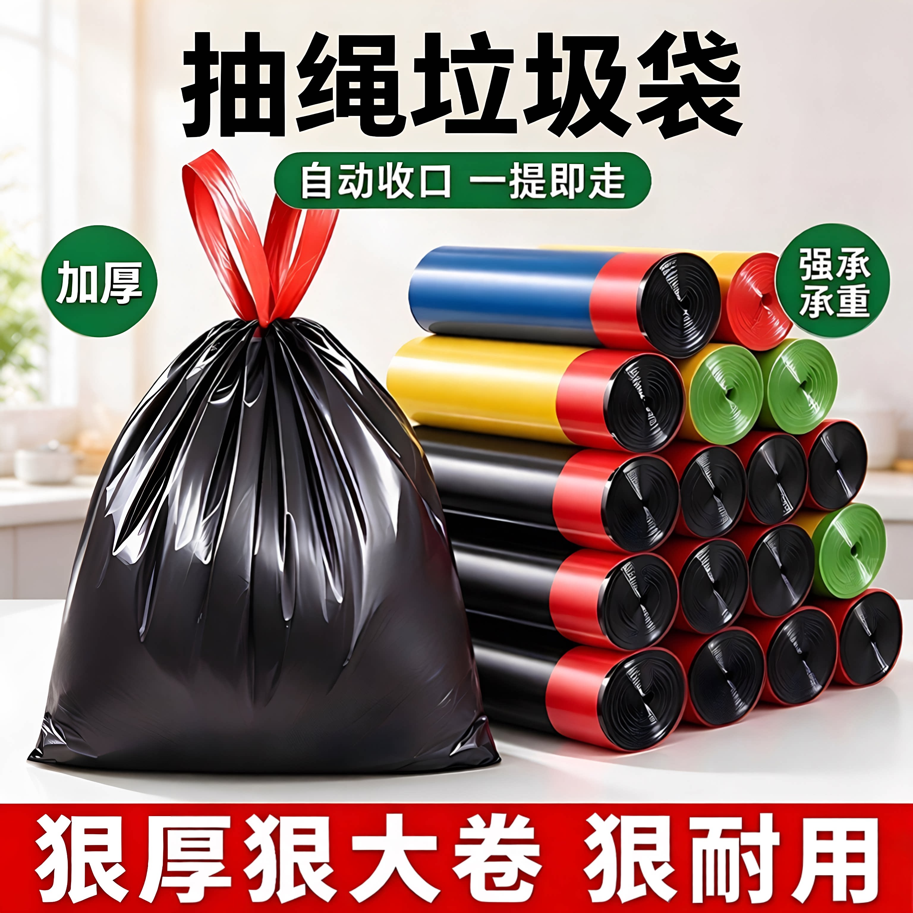 加厚垃圾大号袋厨房宿舍办公室通用耐用垃圾袋抽绳手提式塑料袋