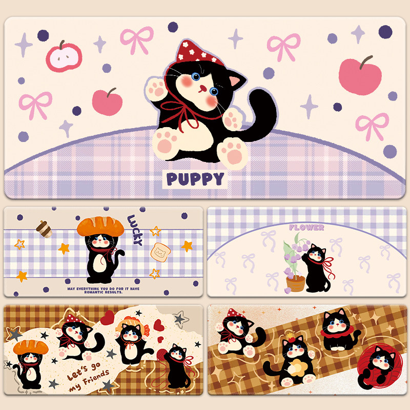 原创猫咪鼠标垫超大号女生办公电脑桌垫加厚锁边键盘垫护腕滑鼠垫