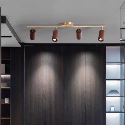 明装轨道灯led射灯胡桃木实木北欧中古风家用客厅背景墙过道筒灯