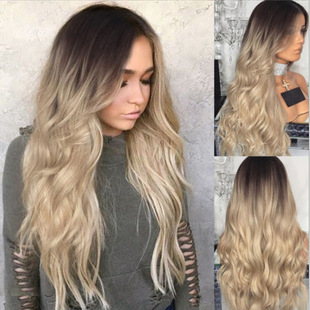 欧美假发中分长卷发漂染渐变金色女COS头套仿真人自然风