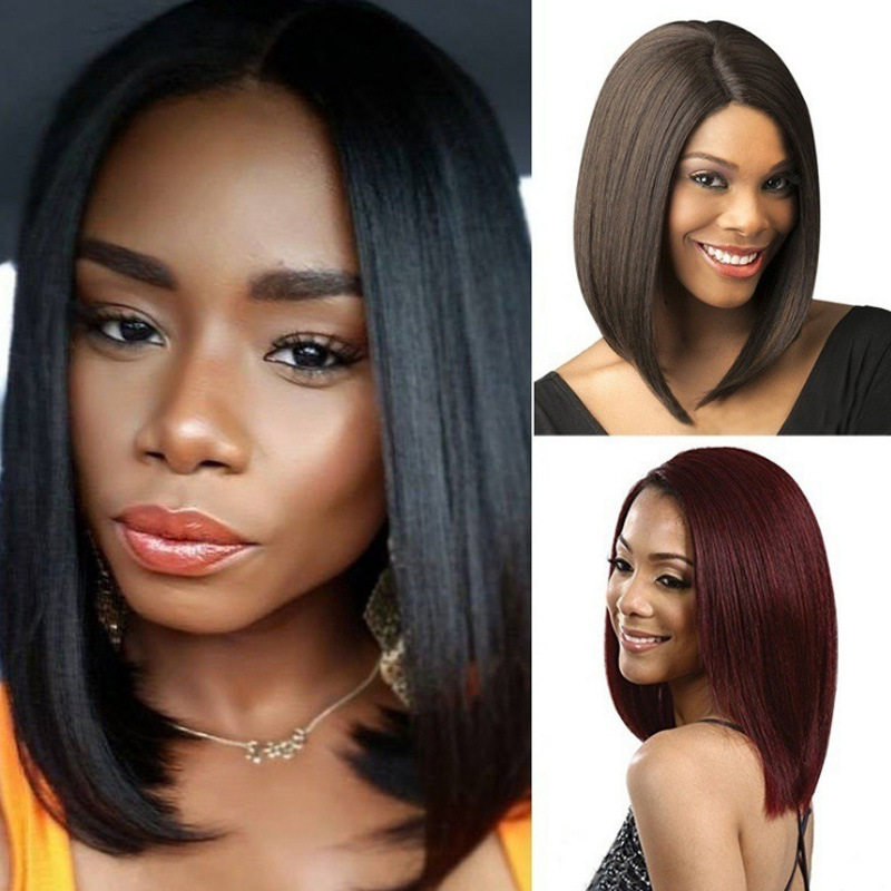 欧美假发中分时尚波波头黑色短直发bobo头高温丝头套短发