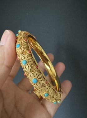 纯手工精品银花丝鎏金镶嵌天然原矿绿松石、海石头手镯