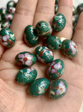 18x12mm创汇时期老景泰蓝大号橄榄珠老珠子精品珠墨绿色和砖红色