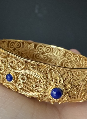 银花丝鎏金镶嵌原矿青金石手镯精工三层掐丝工艺纯手工拉丝掐丝