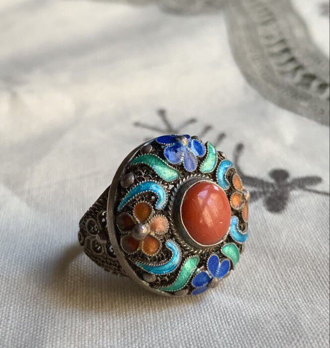 创汇时期老北京花丝镶嵌厂s925纯手工银花丝烧蓝镶嵌红宝石戒指