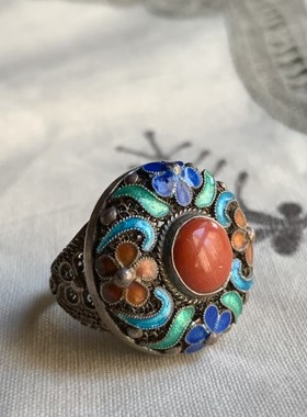 创汇时期老北京花丝镶嵌厂s925纯手工银花丝烧蓝镶嵌红宝石戒指