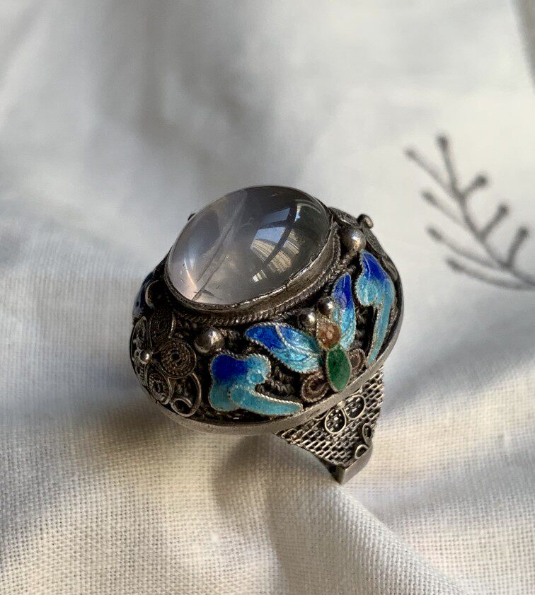 创汇时期老北京花丝镶嵌厂s925纯手工银花丝烧蓝镶嵌白水晶戒指