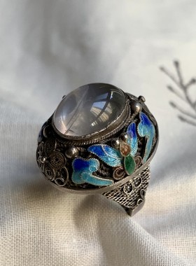 创汇时期老北京花丝镶嵌厂s925纯手工银花丝烧蓝镶嵌白水晶戒指