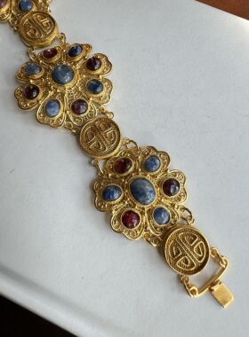 创汇期老款纯银花丝鎏金镶嵌老碧玺手镯，银花丝手链 后面s925标