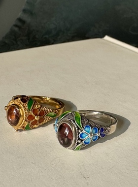 纯手工s925银花丝镶嵌老的红碧玺戒指圈口可调节 掐丝做工精美