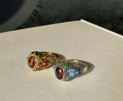 纯手工s925银花丝镶嵌老的红碧玺戒指圈口可调节 掐丝做工精美