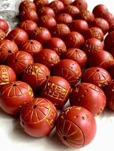 老北京正宗雕漆3.3厘米剔红剔黄双色大珠子 八十年代的老雕漆珠子