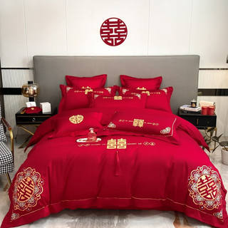艾君乐婚庆四件套结婚大红色刺绣被子被芯亲肤棉床单被套4件套床