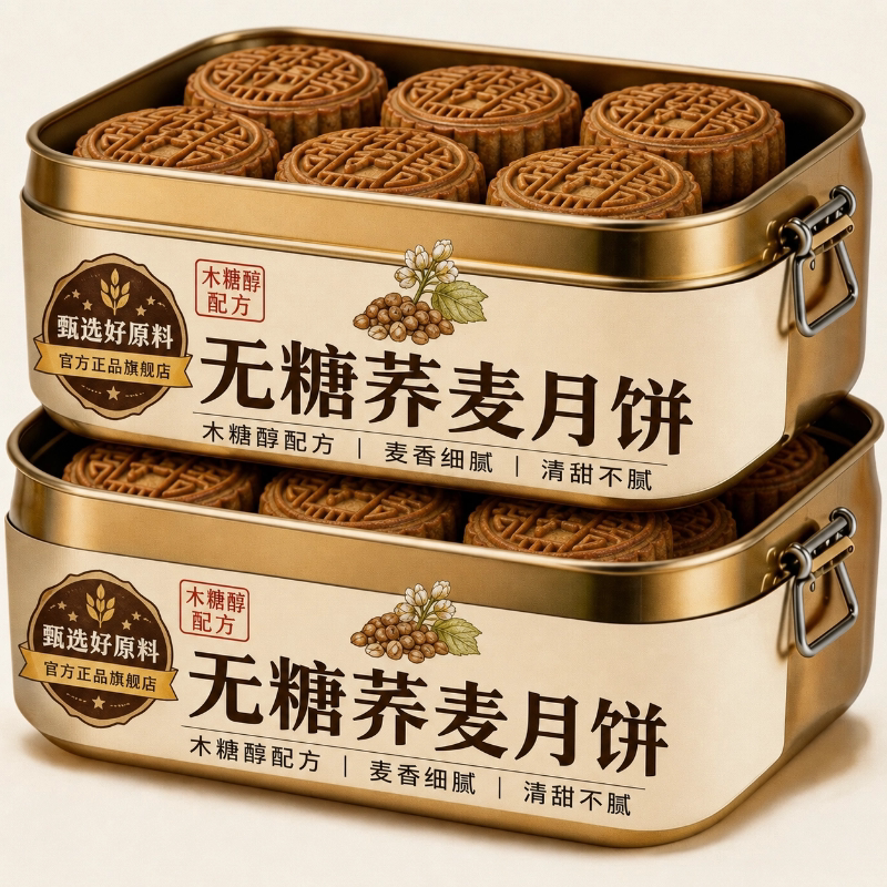 【老字号】无蔗糖荞麦月饼五仁黑芝麻月饼木糖醇代餐糖友糕点零食