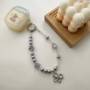 原创设计水晶链手机壳链条不对称串珠光学镀合金蝴蝶钥匙扣挂饰链