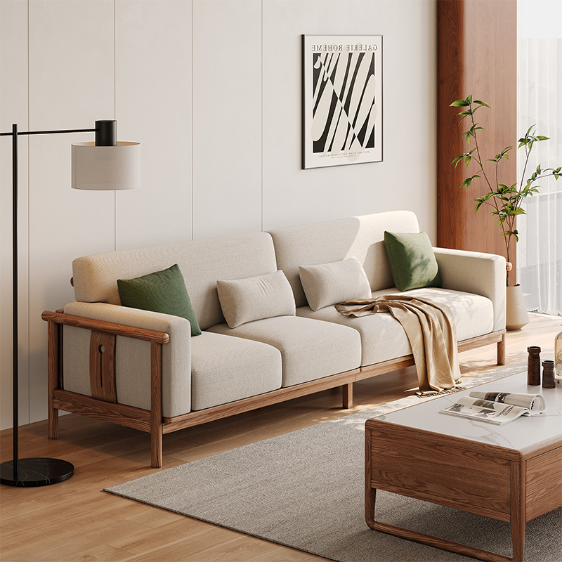 新中式实木沙发小户型可拆洗布艺