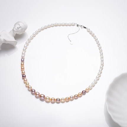 Audrey PearlS925银米形混彩淡水珍珠项链3-9mm V201-S885