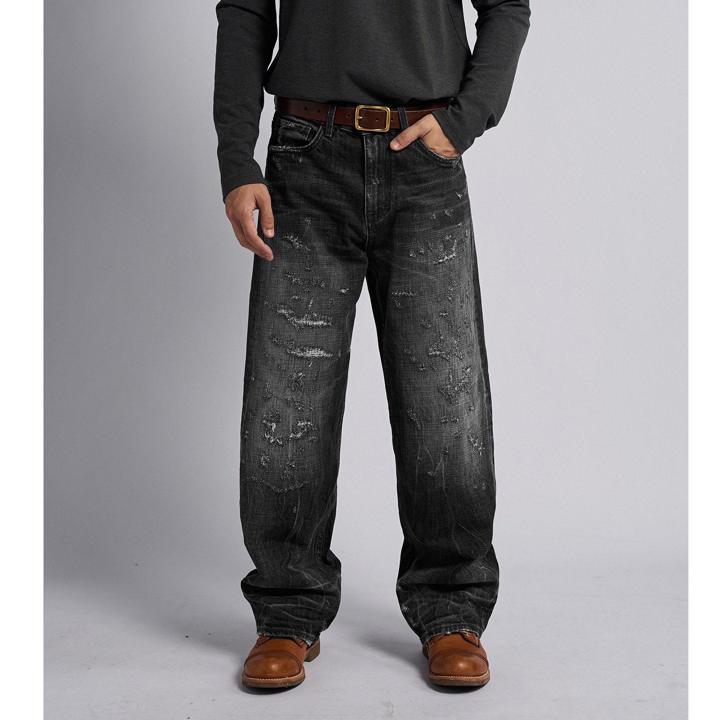 DOKIE【黑狗】14盎司重磅进口水洗003微宽松直筒磨破牛仔裤男黑色