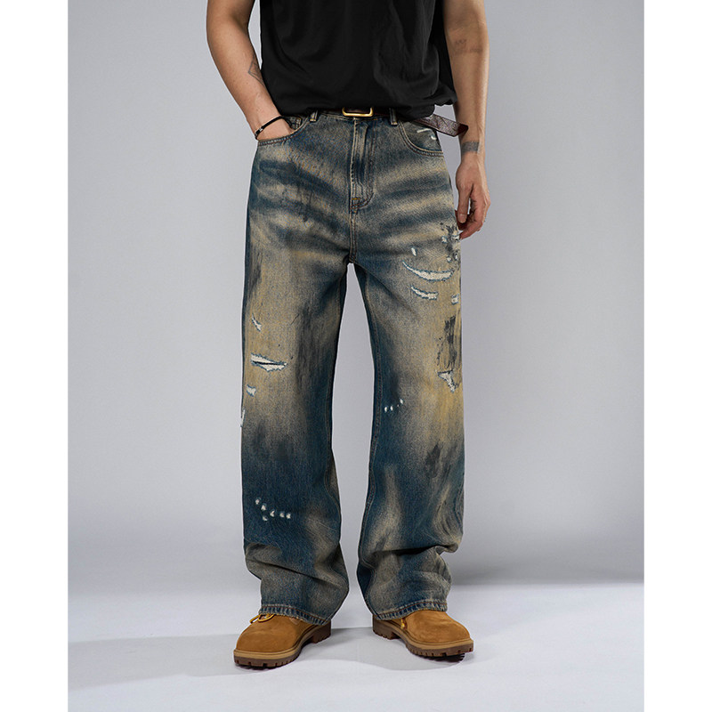 DOKIE春秋季美式复古水洗做旧擦色刮烂破坏宽松阔腿牛仔裤男32010