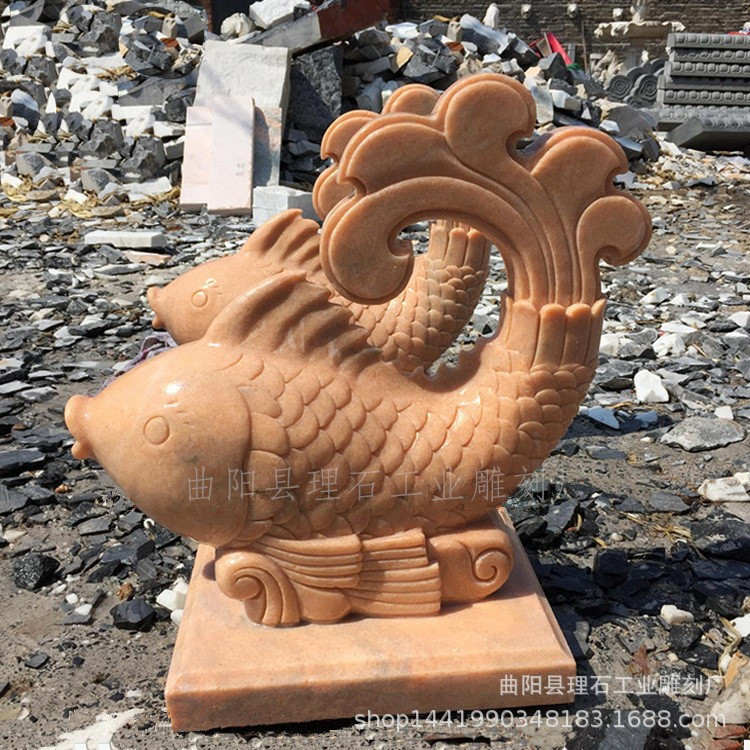 厂家供应石雕鱼大理石晚霞红欧式石雕喷水鱼汉白玉吐水鱼雕刻摆件