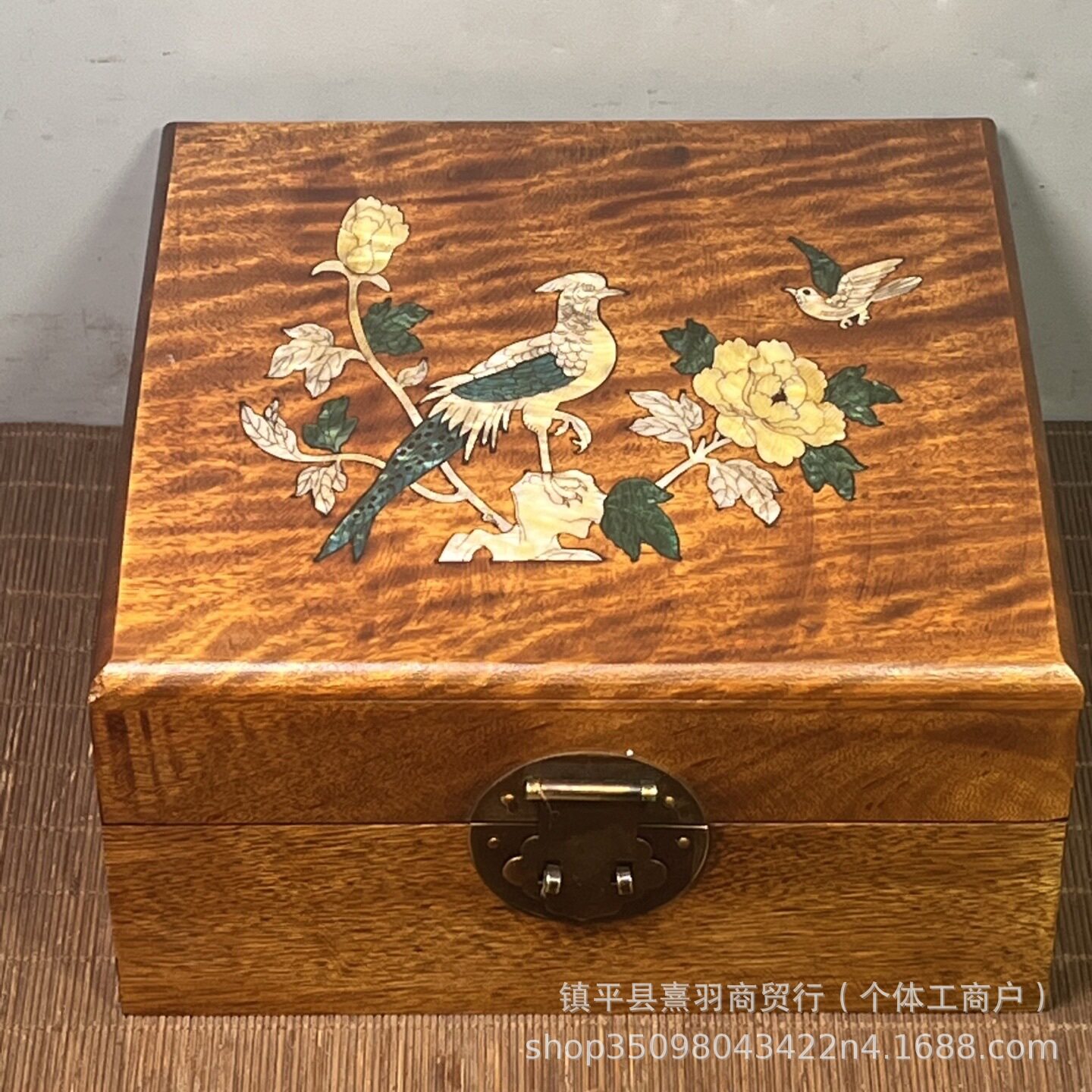 古玩木雕古董民俗老物件花梨木镶嵌贝壳花鸟首饰盒木盒复古收藏