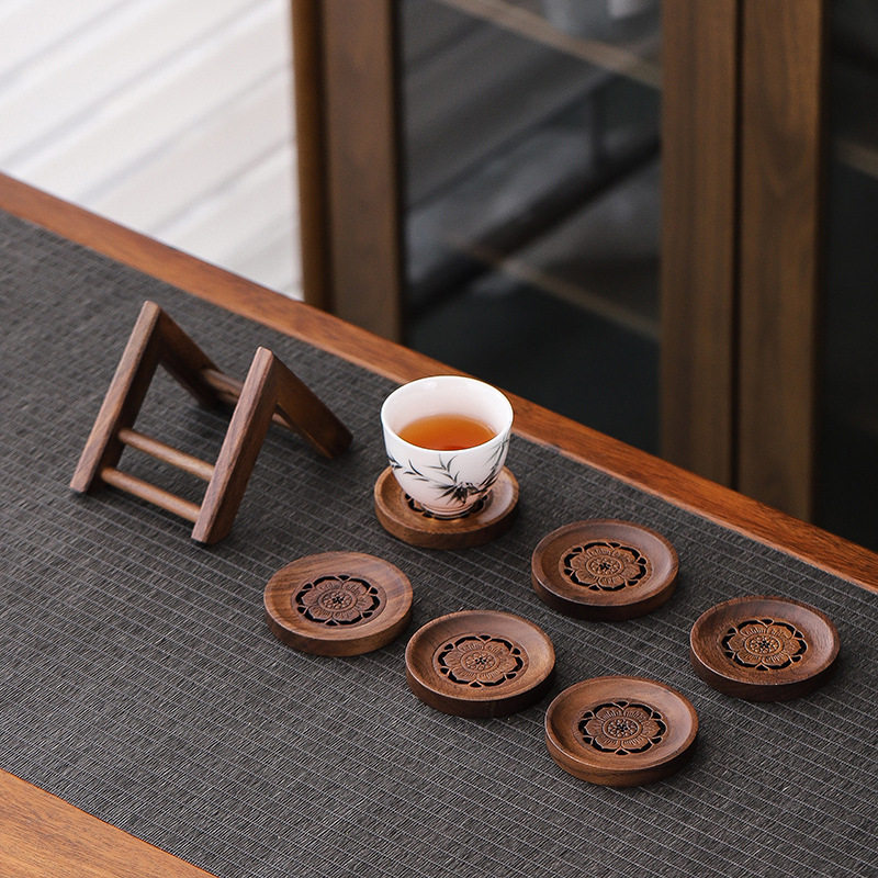 胡桃木杯垫云海莲花手工沥水蓄水茶杯垫隔热茶具杯托防烫杯垫套装