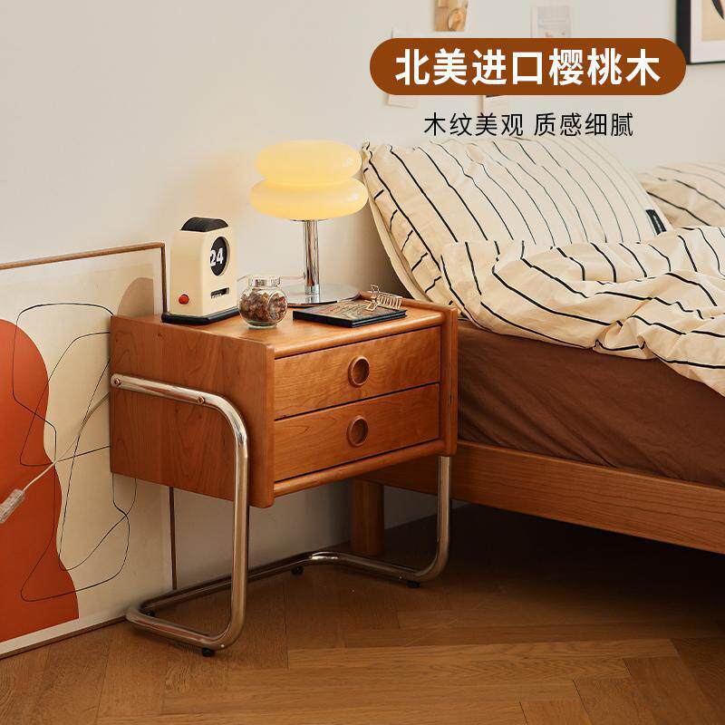 北欧日式简约卧室边柜小户型ins不锈钢储物收纳置物柜实木床头柜
