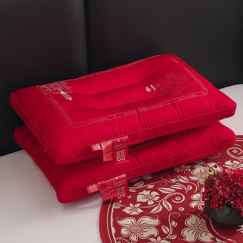 婚庆枕头新婚快乐大红色喜庆乳胶枕芯陪嫁结婚一对装大豆纤维枕头