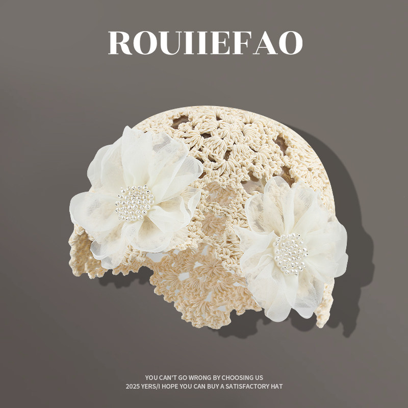 手工编织珍珠花朵包头帽子女甜美复古薄款镂空针织帽显脸小套头帽