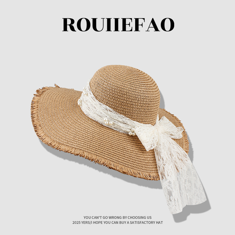 ROUIIEFAO草帽珍珠蕾丝大帽檐