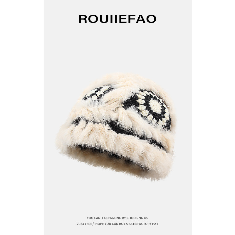 ROUIIEFAO兔毛针织毛绒帽女冬季保暖大头围毛线渔夫帽醒狮帽子潮