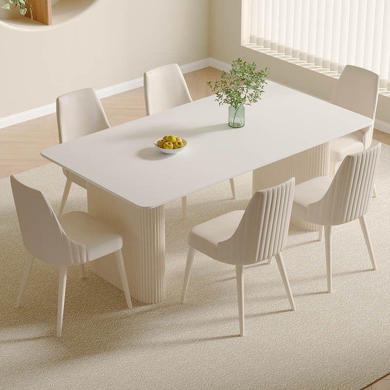 奶油风岩板餐桌家用小户型轻奢现代简约法式纯白长方形餐桌椅组合
