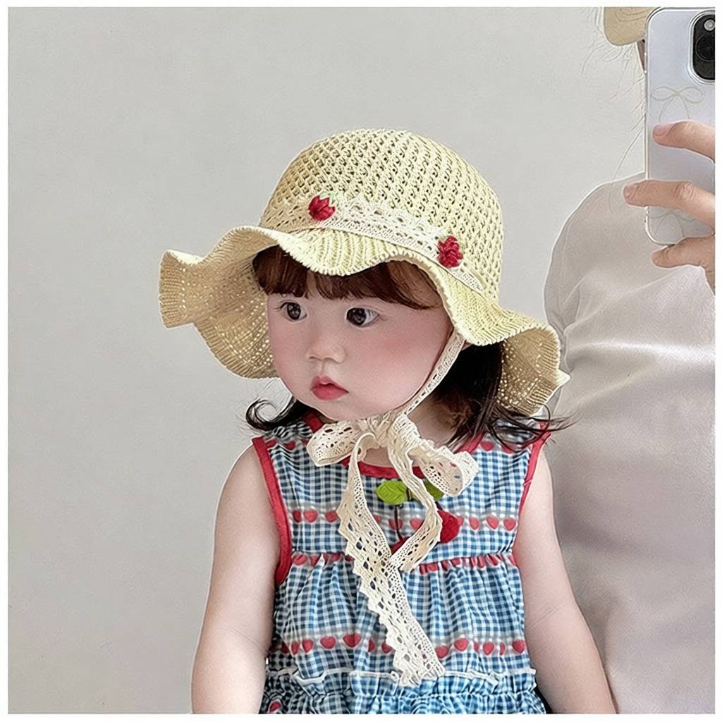 宝宝防晒太阳帽大帽檐儿童帽子潮系带编织出游沙滩薄款夏季草帽女