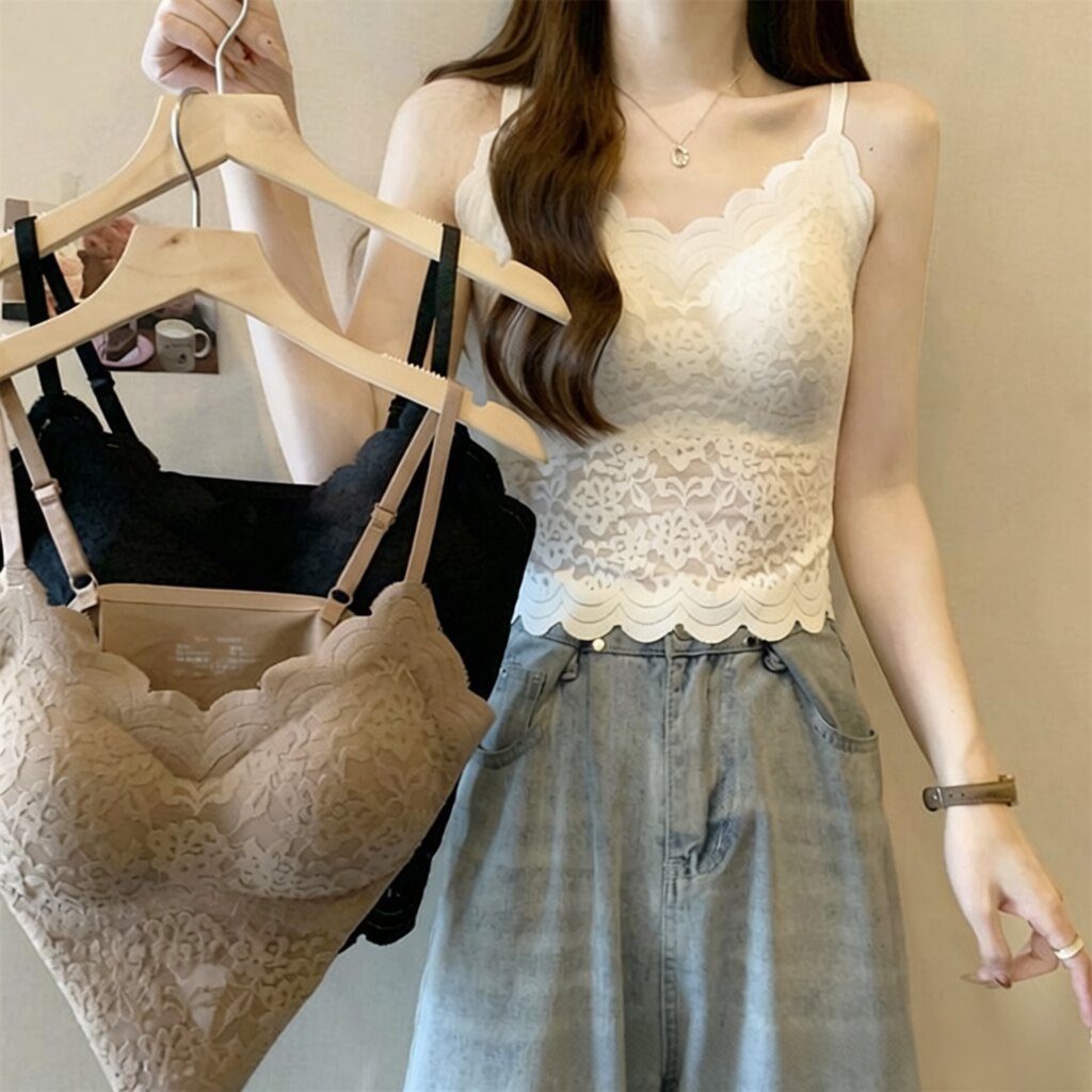 蕾丝吊带背心女冰丝无痕带胸垫一体式夏季薄款修身美背内搭打底衫图片